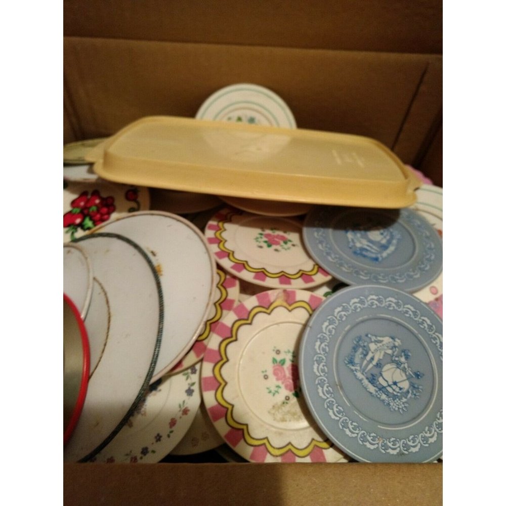 Large Lot of 63 Vintage Plastic and Metal Toy Dishes